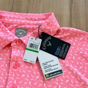 Callaway Golf Shirt Men's Large Pink Opti Dry Polo Dolphin White Performance